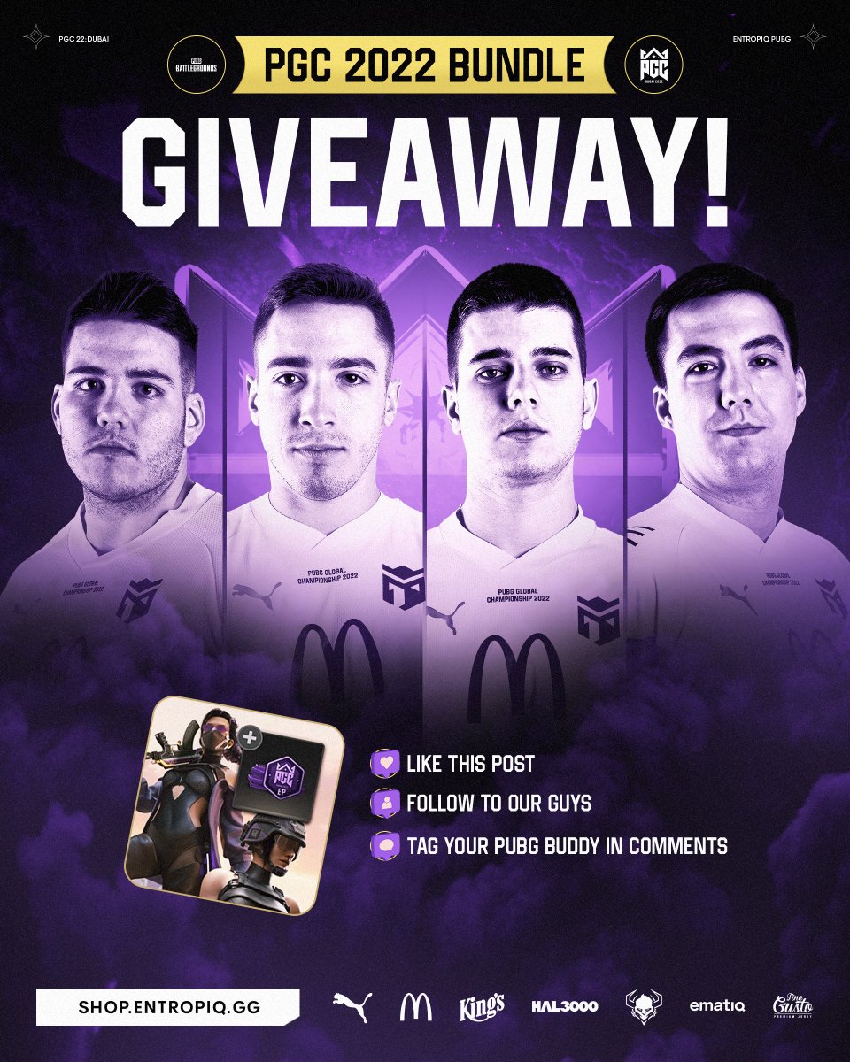 We've prepared two #PGC2022 bundle codes for you to win! 😍

1. Like this post
2. Follow <a href="/NaylupGG/">Naylup</a>, <a href="/ivas10PUBG/">ivas</a>, <a href="/lukarux/">Lukarux</a>, <a href="/Qbettinhos/">Qbe</a>, <a href="/ZEKOPUBG/">ZEKO</a>, <a href="/MaM1c/">MaM1c 🇭🇷</a>, <a href="/EIQ_Hegar/">Šimon Hradečný</a>
3. Tag your #PUBG friend in the comments

We'll draw 2⃣ winners on Sunday, 30 October!

See you in Dubai! ☀️