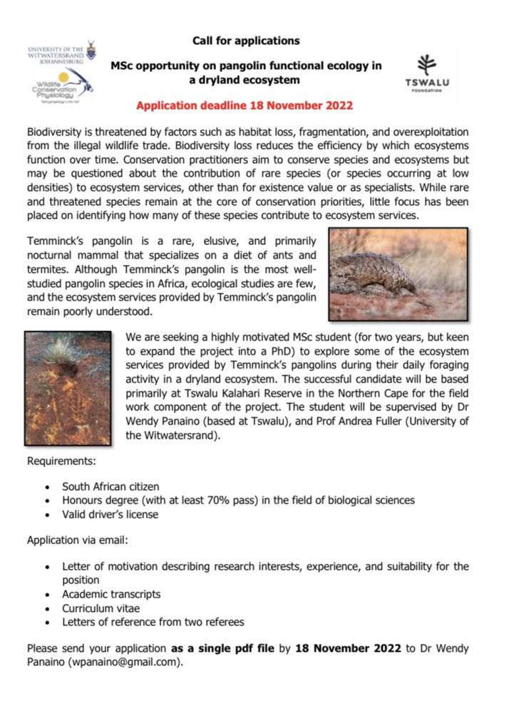 Masters opportunity, for a South African student, on pangolin functional ecology in a dryland ecosystem. Please RT.