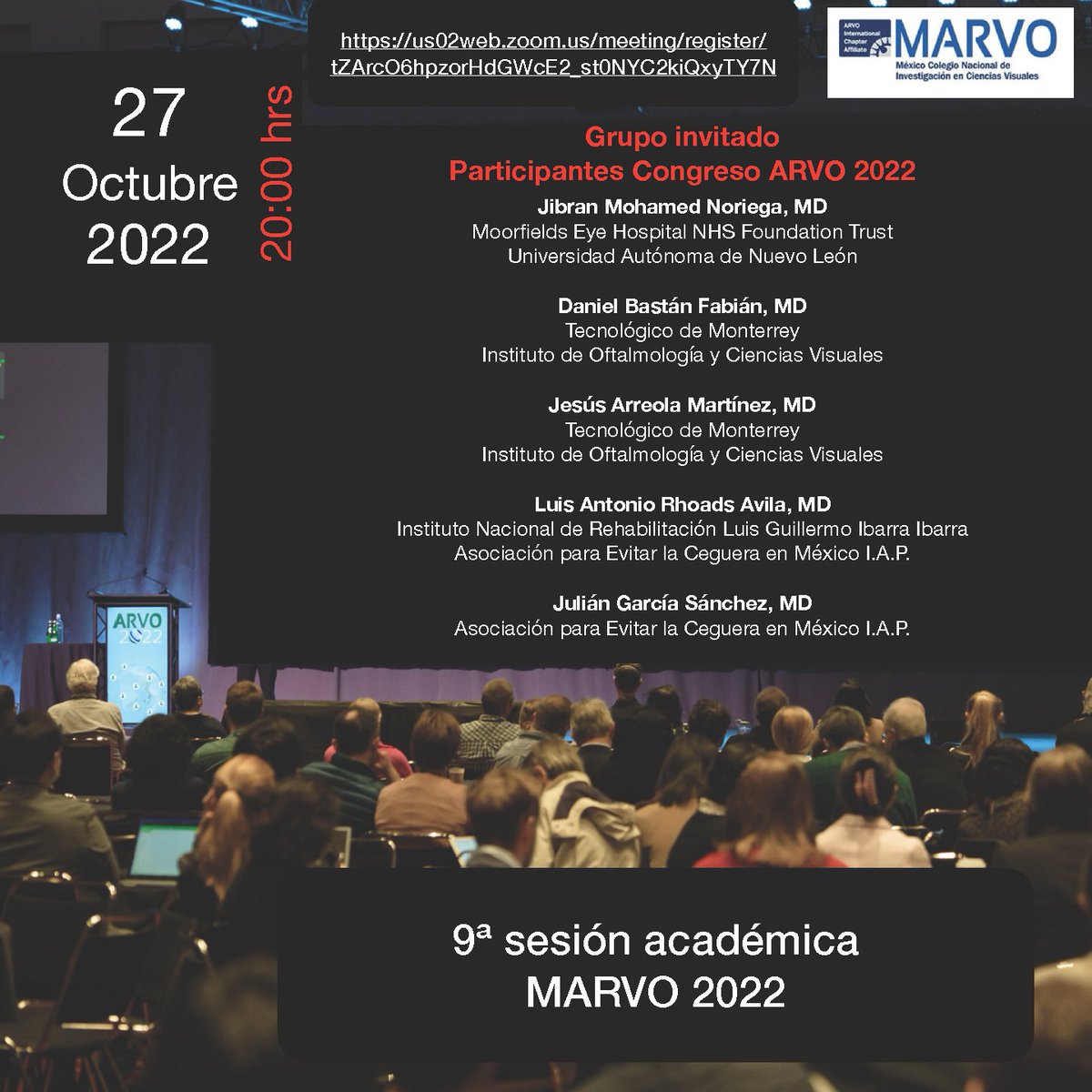 📢Estás Invitado/a. a la sesión bimestral del capítulo internacional  MARVO #ARVOMéxico, que se celebra este jueves 27 de octubre a las 8:00 p. m. 
 🗣️Comparte esta invitación entre aquellas personas que pudieran estar interesadas.
Regístrate  gratis en :
us02web.zoom.us/meeting/regist…