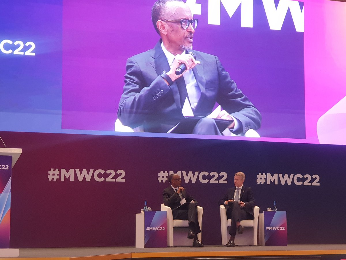 GSMAAfrica's tweet photo. "We need to make investments in infrastructure, train people in digital literacy to be able to utilise the infrastructure." Fireside chat between @MatsGranryd and H.E President of the Republic of Rwanda, @PaulKagame #MWC22 https://t.co/IwmrlLiI6g