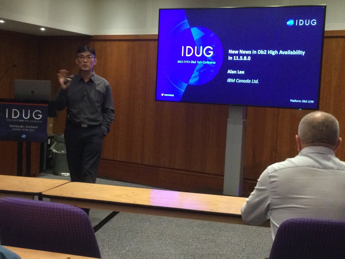 aweininger's tweet photo. Alan Lee talking about various #Db2 #high_availability topics at #IDUGEMEA22 https://t.co/EOLD7vpG9w