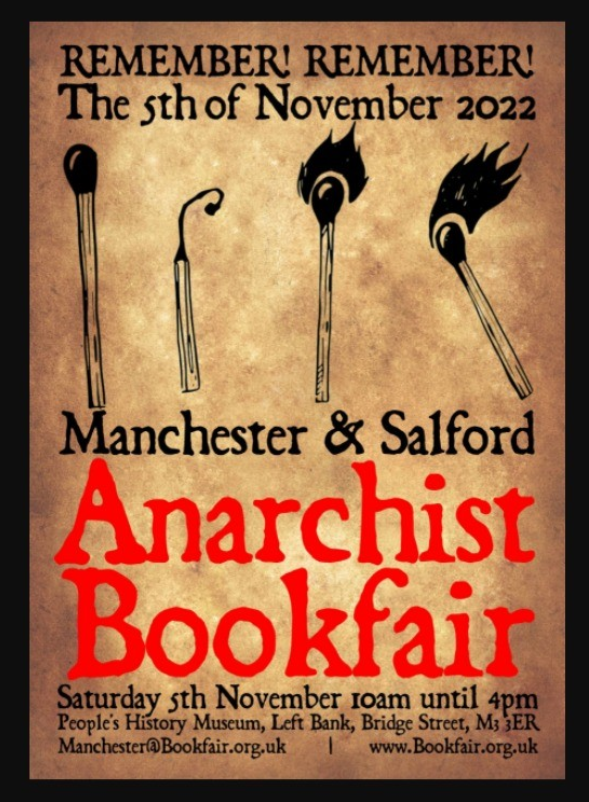 Manchester & Salford Anarchist Bookfair: Nov 5th, 10 till 4, at the @PHMMcr. No dogs except guide dogs please. Thanks to @RadicalRoutes for creating bases from which to resist and challenge dominant structures in society, and developing an alternative economy and ways of living