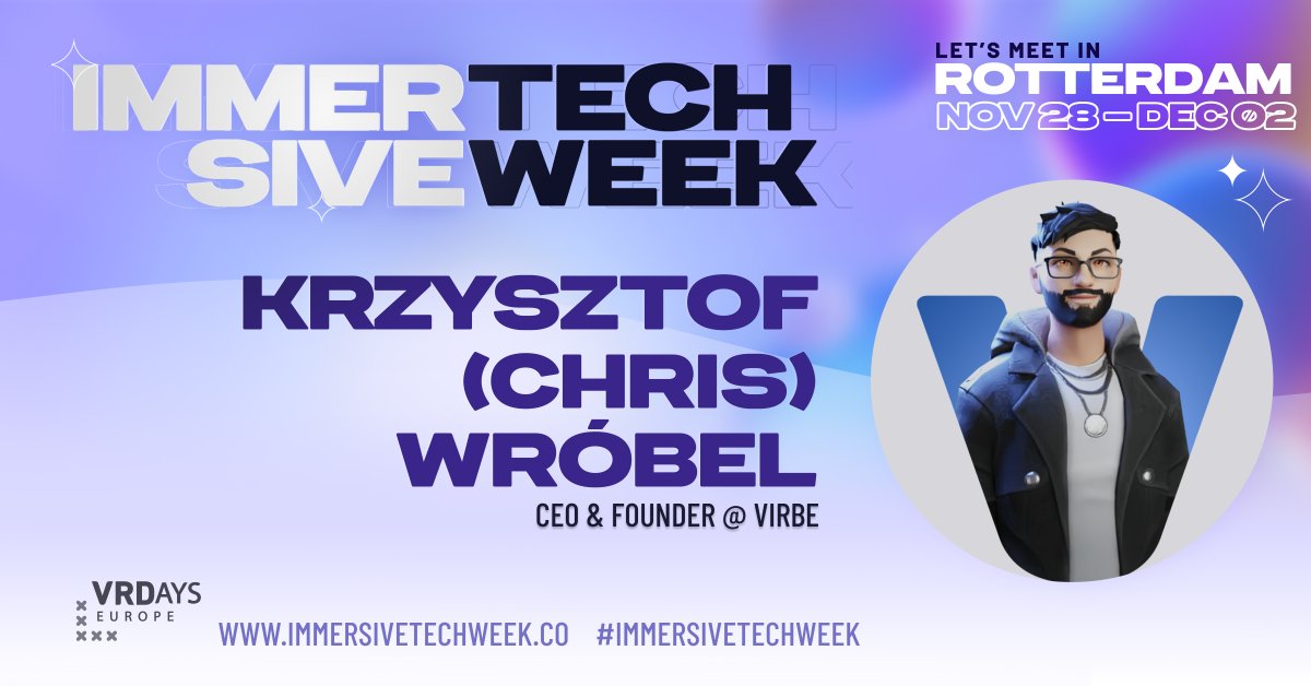 VRDays's tweet photo. Founder and CEO of @itsvirbe, @chwro is a VR, AR and Machine Learning expert and evangelist. He has co-founded tech startups like Gripit and VelociCaptor. 

More speakers ➡️ https://t.co/qIdG2TBHCC
Get tickets ➡️ https://t.co/d6bLzGu0yZ

#VRDays #ImmersiveTechWeek https://t.co/ZE1rSKhoEu