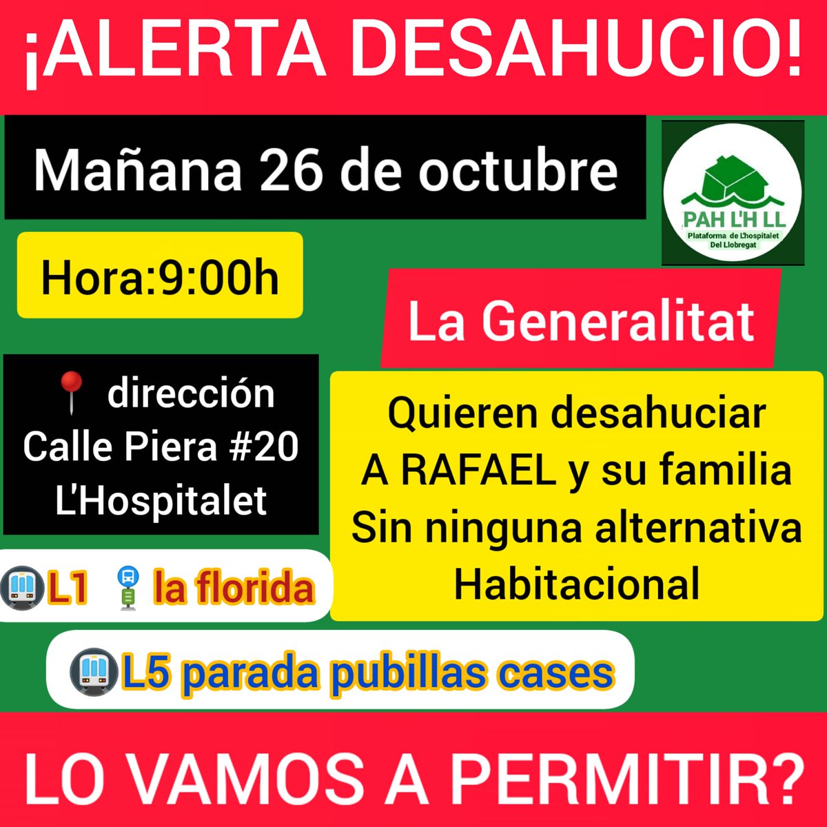 Quieren desahuciar a Rafael y su familia!! 
Es un piso que pertenece a la <a href="/govern/">Govern de Catalunya</a> <a href="/nuriamarinlh/">Núria Marín/❤️</a>  <a href="/ss_lhreivindica/">serveissocials_lhreivindica</a> no quiere llegar a un acuerdo,a pesar de haber puesto el recurso le han respondido que sigue adelante el desalojo.