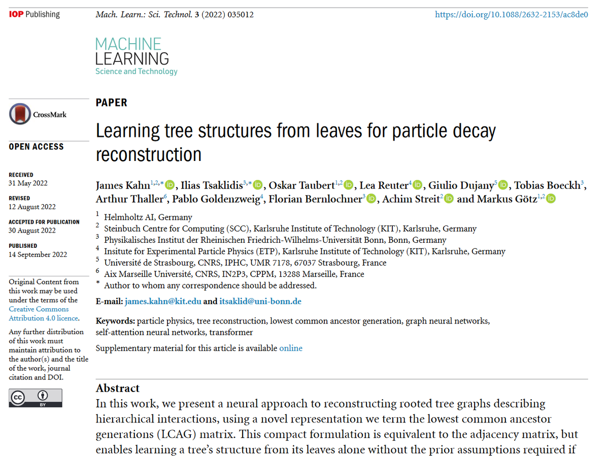 MLSTjournal's tweet photo. 'Learning tree structures from leaves for particle decay reconstruction' by @james_m_kahn @itsaklid @markus_v_goetz et al @helmholtz_ai @SCC_KIT @KITKarlsruhe @IN2P3_CNRS @belle2collab hits 500 downloads! https://t.co/v4npqP5kT4 #machinelearning #HEP #particlephysics #HPC #Python https://t.co/CcW4tZYW7K