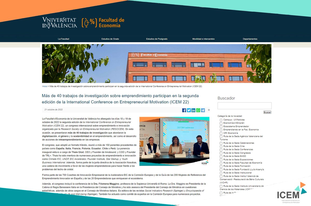IcemConference's tweet photo. 🔔👀 The website of the @FdEconomiaUV published a chronicle of the @ICEM22 that summarizes the main aspects of the conference😊🔝. 

📖Follow the link below to read the content of the chronicle⤵️

🔗 https://t.co/gITtDFCFDz https://t.co/nmvA4Z8J9C