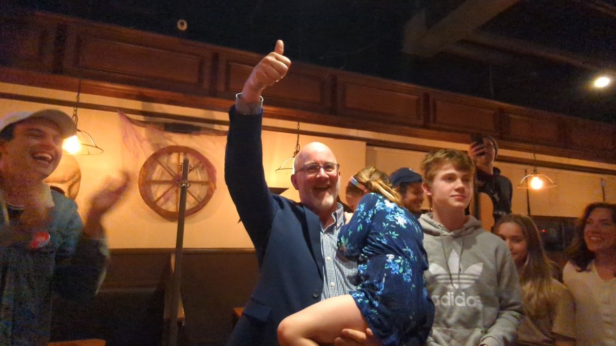 Last night's victory party was all about saying thank you. This photo includes the people that deserved my greatest thanks: my family (minus my kid Henry, likely at the snack table) and my three main campaign staff: Nate, Leif and Alex.