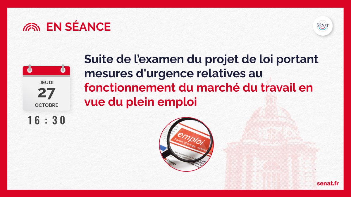 🔴 À 16h30, suivez en direct sur notre site, la suite de l’examen du projet de loi sur le fonctionnement du marché du travail. Le direct : 🎥 videos.senat.fr/direct