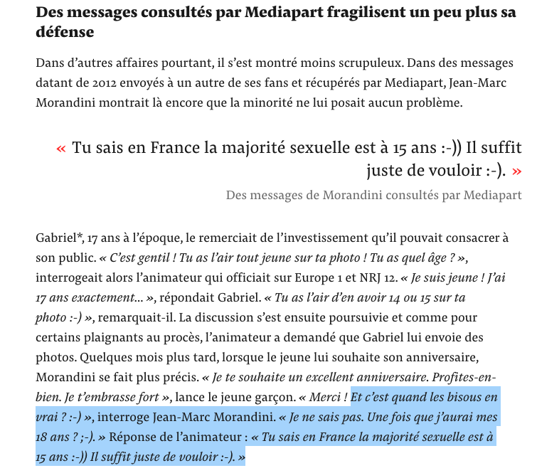 davidperrotin's tweet image. Jean-Marc Morandini a juré hier qu'il n'avait pas d'attrait pour les enfants et qu'il aurait stoppé ses échanges sexuels s'il avait su qu'il s'agissait de mineurs. Des documents obtenus par Mediapart fragilisent un peu plus cette défense :  mediapart.fr/journal/france…