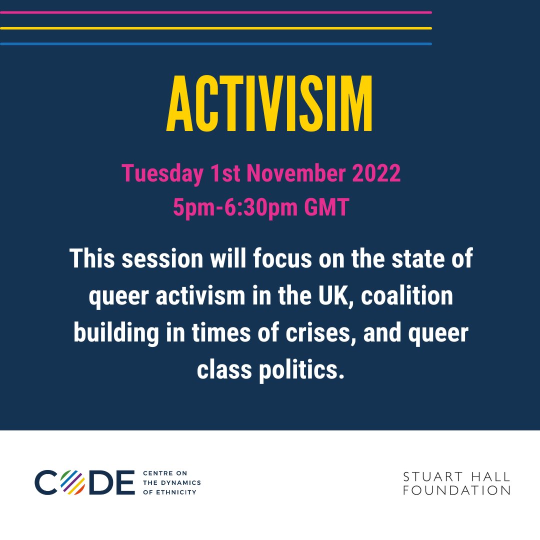 ✊🏾Day 2: Activism Tues 2 Nov, 5-6.30pm GMT Join @omie_dale @jasebyjason @sazpaps & @ramsdenkarelse to discuss the state of queer activism in the UK, coalition building in times of crises, and queer class politics. All welcome! 3/5 stuarthallfoundation.org/events/racial-…