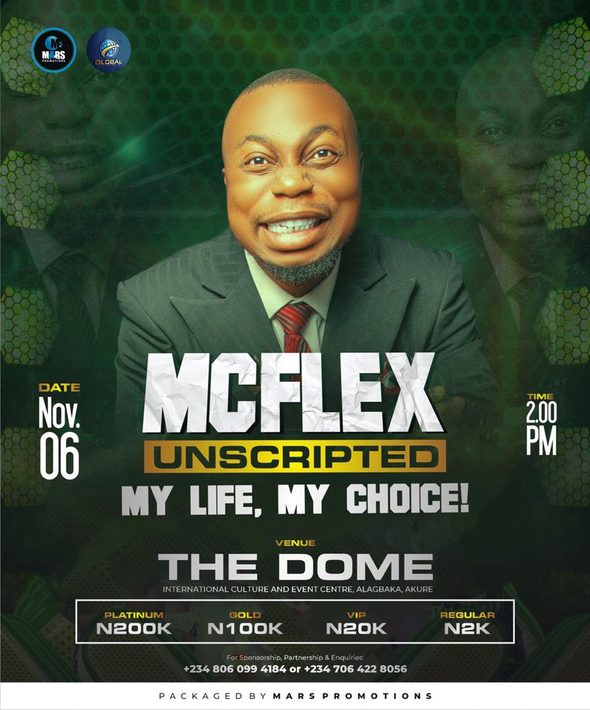 ArakunrinP's tweet photo. Intriguing, Fascinating, Compelling, superb and astonishing are some of the best words to describe what you'll experience at the 2nd edition of Mc Flex Unscripted.
Be a part of the story and get your tickets today.
For inquiries and table reservations, call +234 806 099 4184 https://t.co/5uPfuopFHC