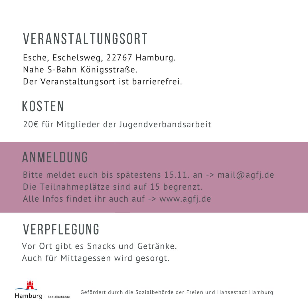 agfjhamburg's tweet photo. Qualifizierungsworkshop
für #Schutzkonzept-Beauftragte sowie Ansprech- &amp; #Vertrauenspersonen aus #Jugendverbänden

Samstag, 26.11.2022, 10:00 bis 17:00 

Eine #Fortbildung der @agfjhamburg 
mit Referent*innen von Allerleirauh e.V.

Alle Infos hier: https://t.co/y1amBNV4Q4 https://t.co/wjqi9p5qgM