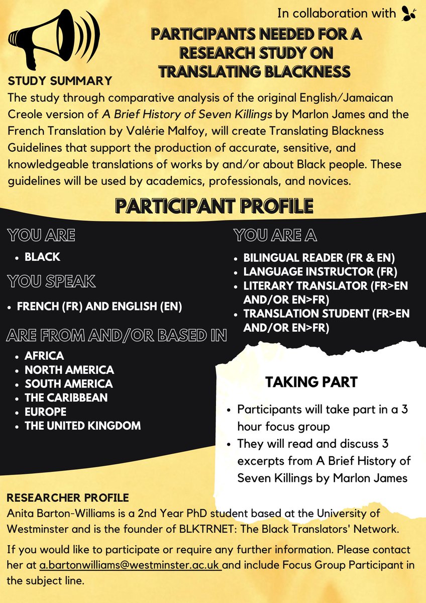 Calling all Black Literary Translators, Teachers, Students and readers who work with French and English, I am recruiting participants for my PhD study: A Radical Intervention: Translating Blackness in Black Caribbean Literature. Please share with your communities. Love &amp; light 🙏🏿