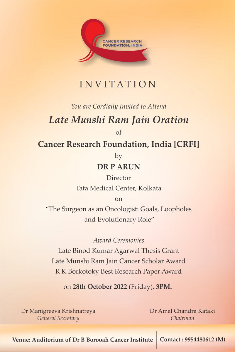 CancerGhy's tweet photo. Late Munshi Ram Jain Oration by Dr P Arun, Director, @TMCKolkata on "The Surgeon as an Oncologist: Goals, Loopholes, and Evolutionary Role" on 28th October in the Auditorium of @BorooahDr 3PM onwards
*Seats:First come, first serve basis https://t.co/svMXHSeVzP