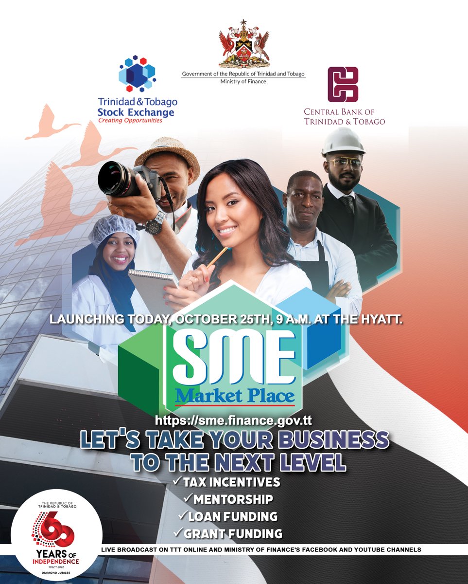MoFTT's tweet photo. Today, we are excited to launch the SME Market Place, which integrates support services provided to SMEs by government agencies, in an effort to promote a stable and accessible environment for the growth of SMEs.
#Tunein at 9:00 a.m. for LIVE coverage.
#TTSE #MoFTT #CBTT https://t.co/gJgmotXZhn