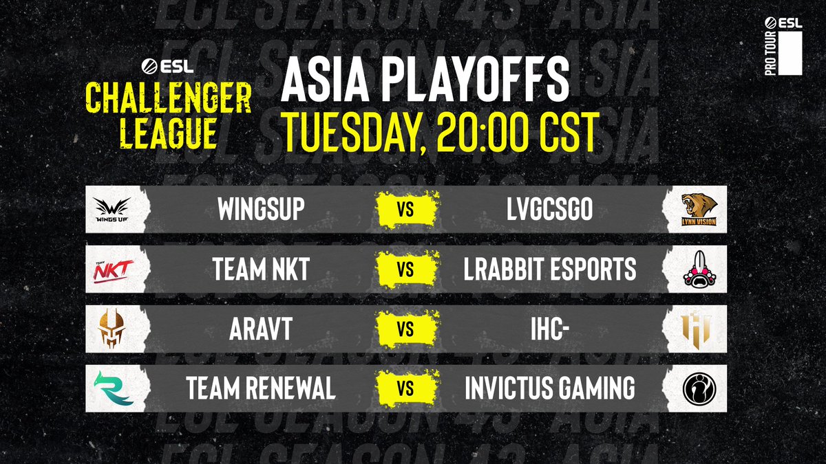 The first day of Season 43 is about to start in Asia! @WingsUpCSGO vs. @Lynnvision_ @NKT_Esports vs. LRabbit Esports ARAVT vs. IHC- @TeamRenewalMNG vs. @invgaming All games will kick off in 30 minutes 🤩