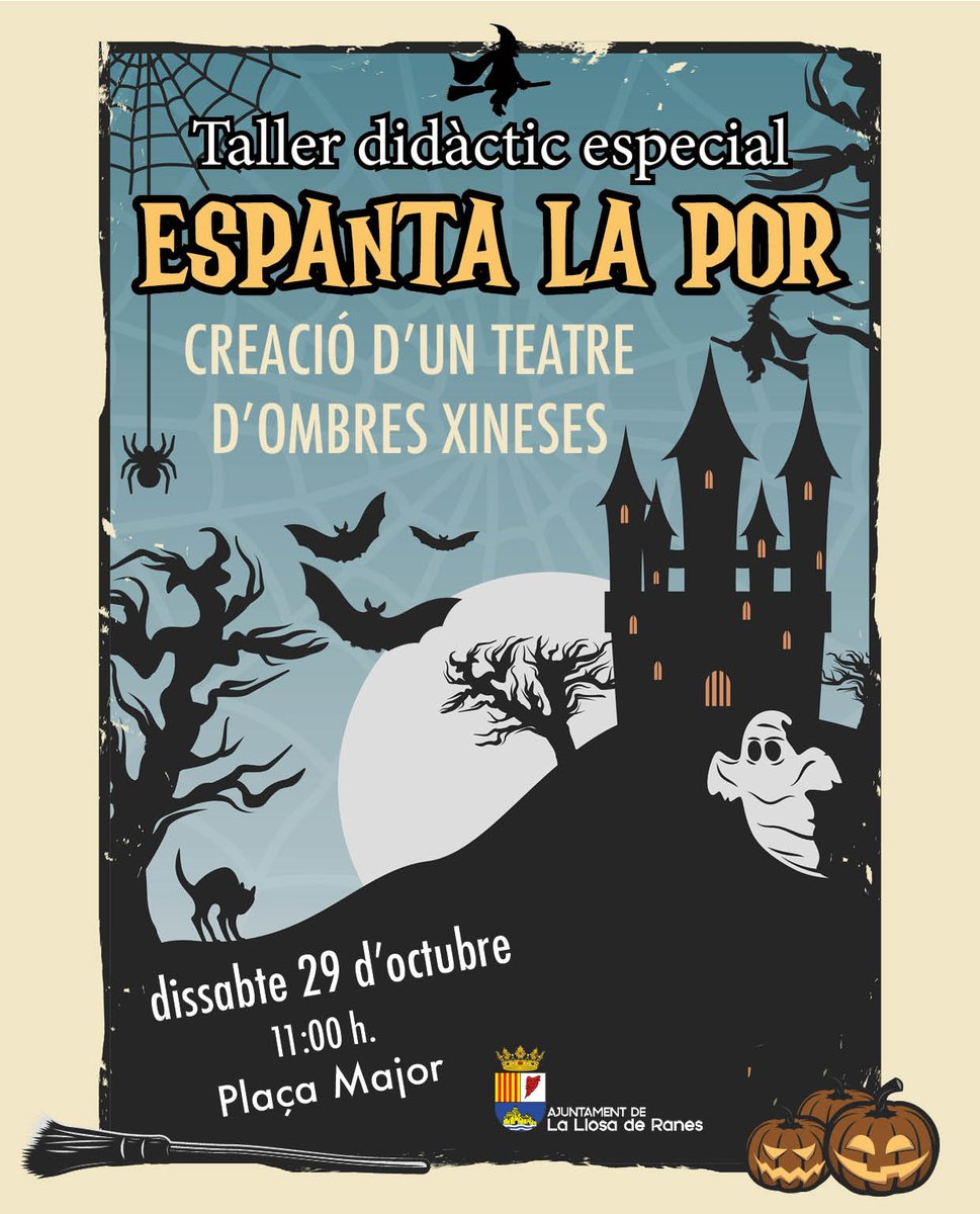 👻 "ESPANTA LA POR". Eixe és el nom del taller didàctic infantil que ha organitzat l'Ajuntament de la Llosa de Ranes per al dissabte 29 d'octubre. Un taller especial en el qual està previst la creació d'un teatre d'ombres xineses.📍L'acte tindrà lloc a la Plaça Major a  les 11 h.