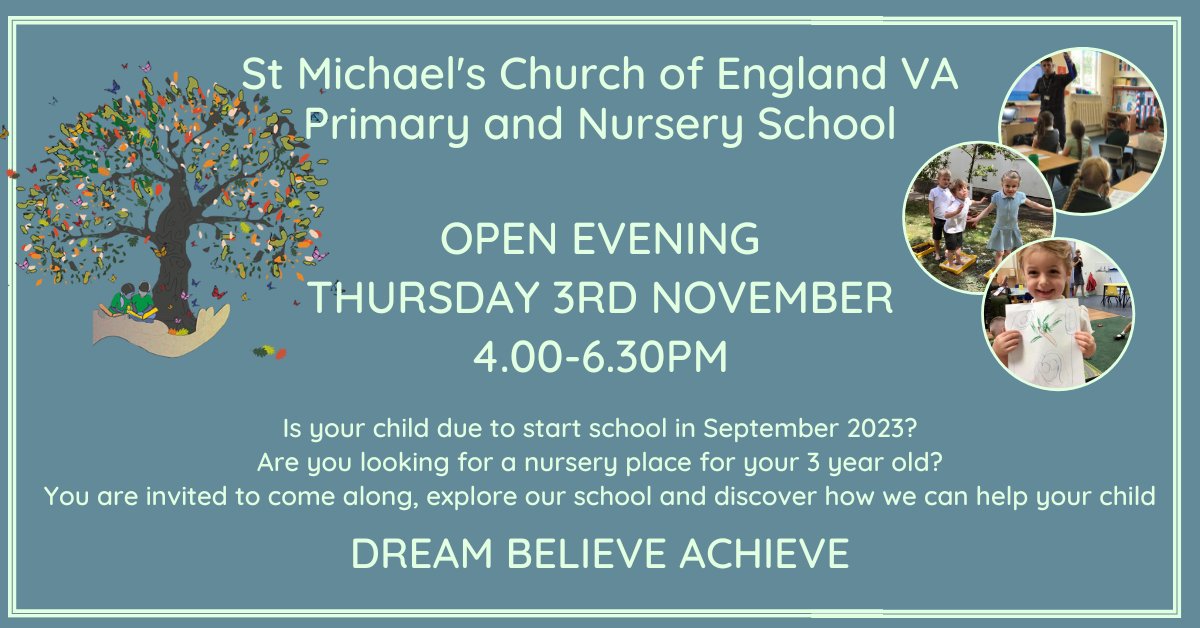 AStMichaelsSch's tweet photo. Join us for our open evening next Thursday, 4-6.30pm. Come and find out how we can help your child to Dream Believe and Achieve! @TACTrust @JustRegional @JustAlexnews @aylshamchurch @NorwichDDE @AylshamTown @AylRotary https://t.co/29puXzG3L5