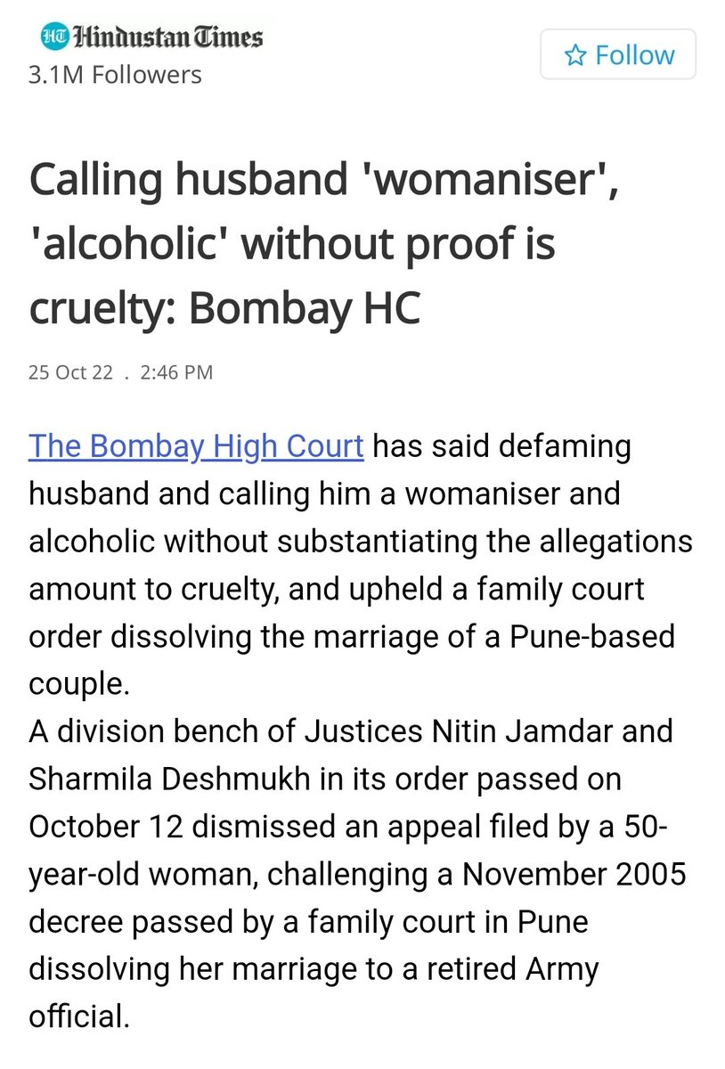 Dear Bombay #HighCourt, men won't seriously mind if someone calls them womanizer or alcoholic. Still you acknowledged it's mental cruelty. Thanks. It would be great if you accept false allegations thru PWDV, Dowry, rape and #ParentalAlienation are bigger cruelty on men & kids.