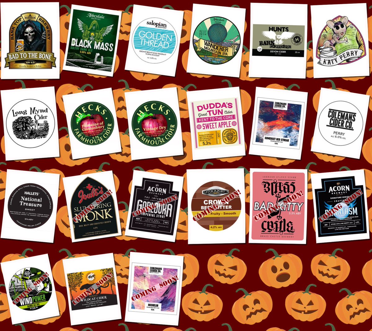 On the bar today at the Hop and Vine as we close in on Halloween. open from 4pm today. Beer Board: goo.gl/2RZNU6 @BankTopBrewery @AbbeydaleBeers @SalopianBrewery @Huntscider @PurbeckBrewery @HecksCider @DuddasTunCider @colemanscider @halletscider #RealAleFinder