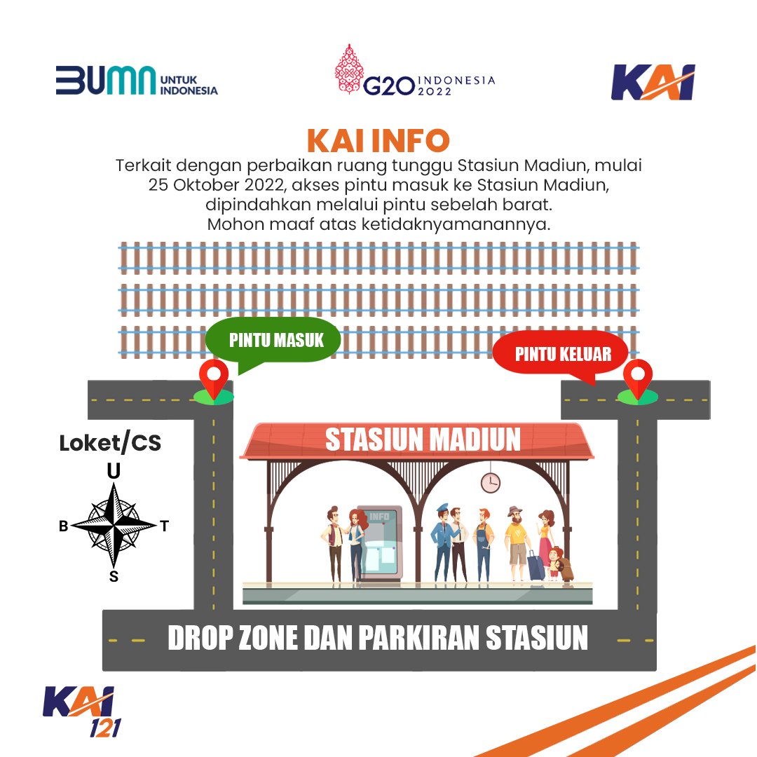 KAI121's tweet photo. Info Terkait Perbaikan Ruang Tunggu Stasiun Madiun

Mulai 25 Oktober 2022, akses pintu masuk ke Stasiun Madiun dipindahkan melalui pintu sebelah barat.

Mohon maaf atas ketidaknyamanannya.

#KAI121 https://t.co/YIHHuZWjva