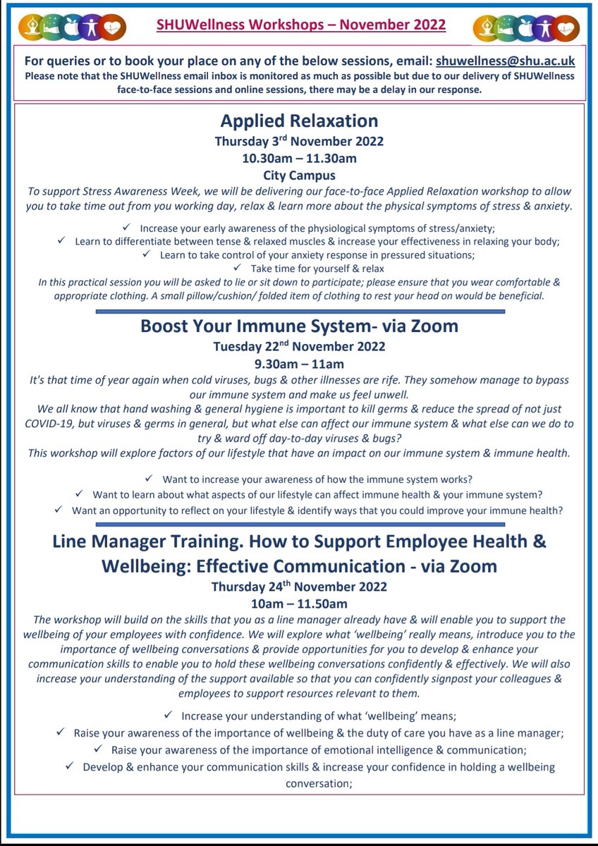 SHUWellness's tweet photo. Our #LineManagerTraining workshop has been so popular over the last few months. Yesterday we delivered a fully-booked session & our November workshop is now also fully booked!
We do have spaces on our #AppliedRelaxation & #BoostYourImmuneSystem sessions though๐๐ https://t.co/VVTbgBhjmd