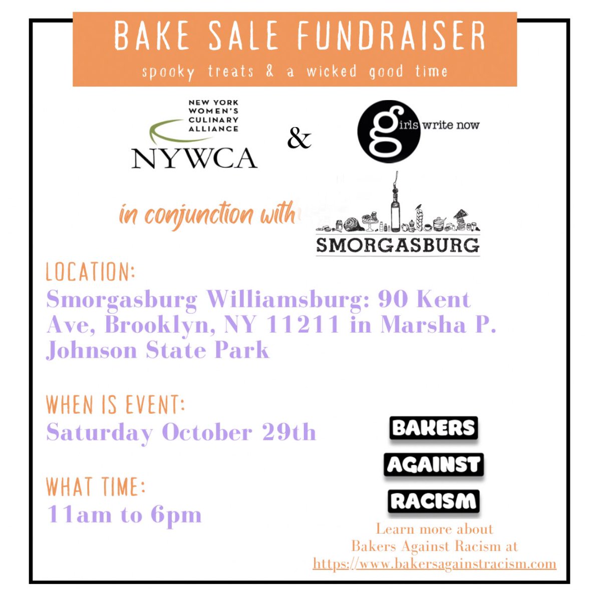 Bake Sale fundraiser on the grand finale weekend! A Bakers Against Racism initiative organized by New York Women’s Culinary Alliance <a href="/NYWCA/">NYWCA</a> 🍪 All proceeds will benefit Girls Write Now. Oct 29 in Williamsburg, reminder our final date of the season is Oct 30 🥲