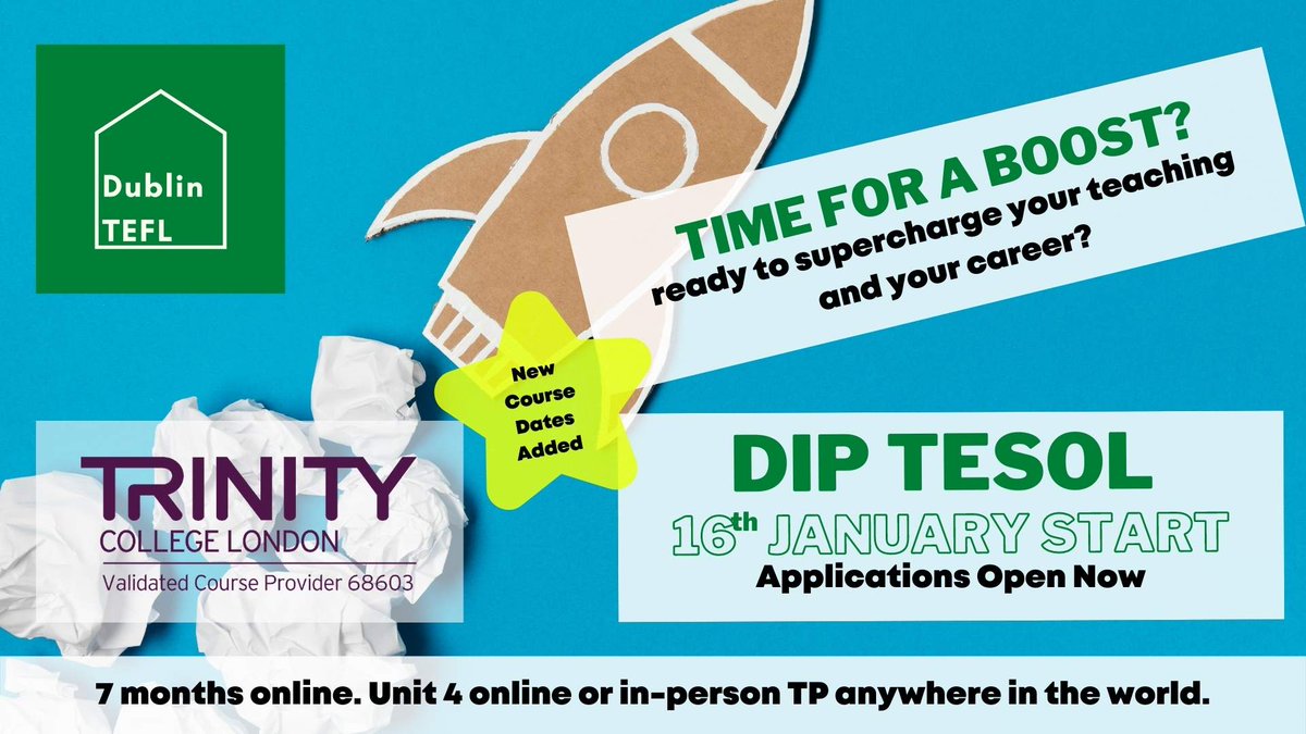 dublintefl's tweet photo. New course dates added due to popular demand!
We're pleased to announce that applications are open for our next Trinity Dip TESOL course. 
Come and study with us at DublinTEFL, no matter where in the world you are right now.
#elt #DipTESOL #Delta #ESL #teachingenglish https://t.co/5IcNUF6udp