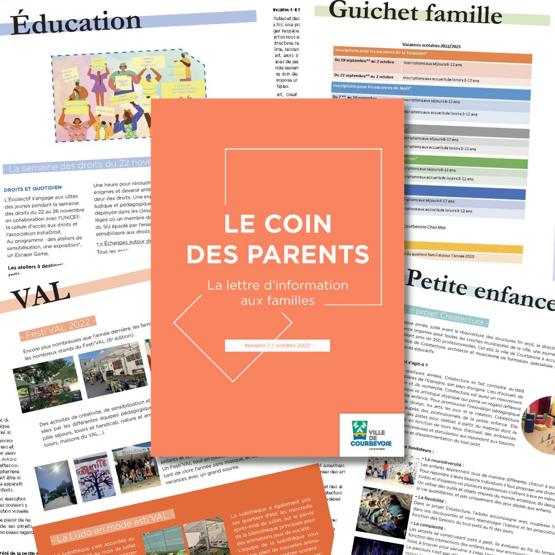 Le coin des parents n°7 est disponible 🗞 

Au sommaire :  
◽ Le projet Créatectura 
◽ La sécurité aux abords des écoles 
◽ Visite au château de Versailles 
◽ Les démarches administratives des vacances scolaires 

Et bien plus encore à découvrir sur → ville-courbevoie.fr/fileadmin/www.…