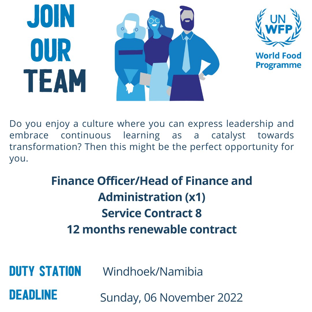 WFP🇳🇦 has a job opening for a Finance Officer/Head of Finance and Administration. 

To join our team, apply 👇🏾career5.successfactors.eu//career?career… by Sunday, 06 November 2022. 
#unjobs #wfpjobs #unitednationsjobs