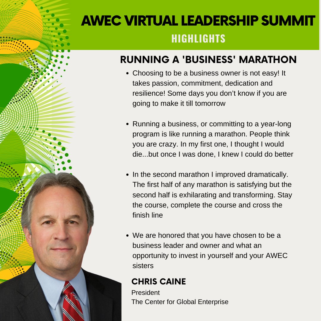 WeAreAWEC's tweet photo. AWEC Executive Sponsor and President of the CGE, Chris Caine, was also in attendance at the AWEC Virtual Leadership Summit.  

Here are some highlights from his Closing Remarks✍🏾

Tag other entrepreneurs that might find this useful. 🙋🏾‍♀️

#awecsummit #TellingMyStory https://t.co/dzVsovJyZT