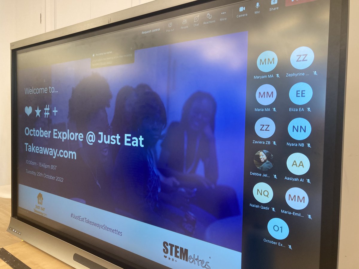 Stemettes's tweet photo. Our online Academy folks (ages 16-21) are hearing from #STEM role model and data and analysis expert Brooklyn from @JustEatTakeaway ๐
Later, theyโll be having fun at the downtime session with the rest of the #OctoberExplore crew ๐
#JustEatTakeawayxStemettes https://t.co/8bUjpnEV0b