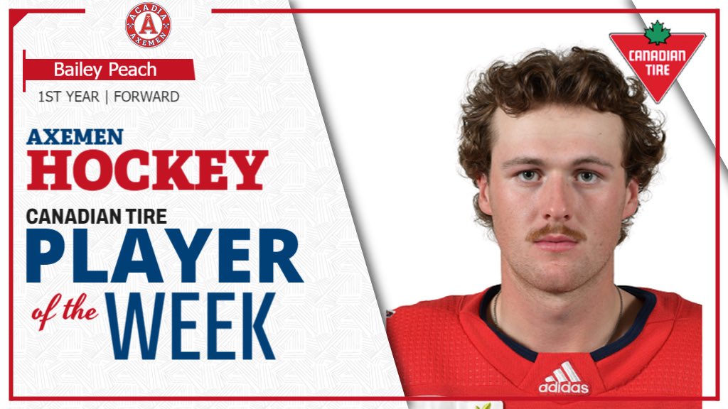 🅰️ Congratulations to this week’s Canadian Tire Axemen Hockey Player of the Week, Bailey Peach, as he had 2 assists in the game vs UPEI on Saturday. Way to go Bailey! 🅰️

#GoAcadiaGo