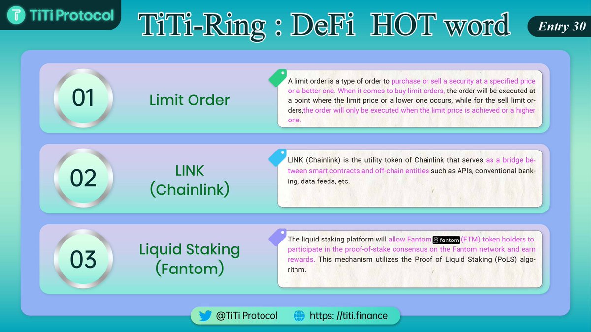 TiTiProtocol's tweet photo. 🥳TiTiers,check out the latest #TiTiRing🎯
Here're the #DeFi jargons you need to know👇
✅Limit Order
✅LINK(Chainlink)
✅Liquid Staking(Fantom)
#stablecoin #DeFi #NFTs #Web3 #GameFi #blockchains #NFT #Bitcoin #stablecoinwar https://t.co/yKWakxuiVB