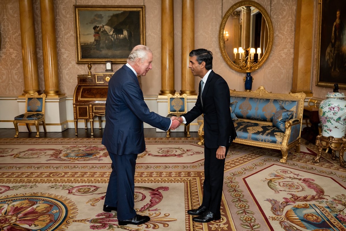 The King received The Rt Hon Rishi Sunak MP at Buckingham Palace today. His Majesty asked him to form a new Administration. Mr. Sunak accepted His Majesty's offer and was appointed Prime Minister and First Lord of the Treasury.