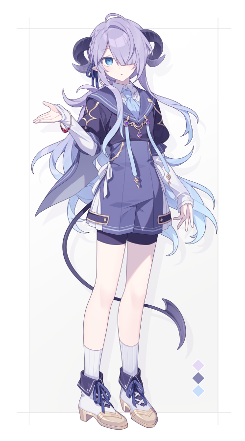 horns tail solo blue eyes long hair white socks shorts  illustration images