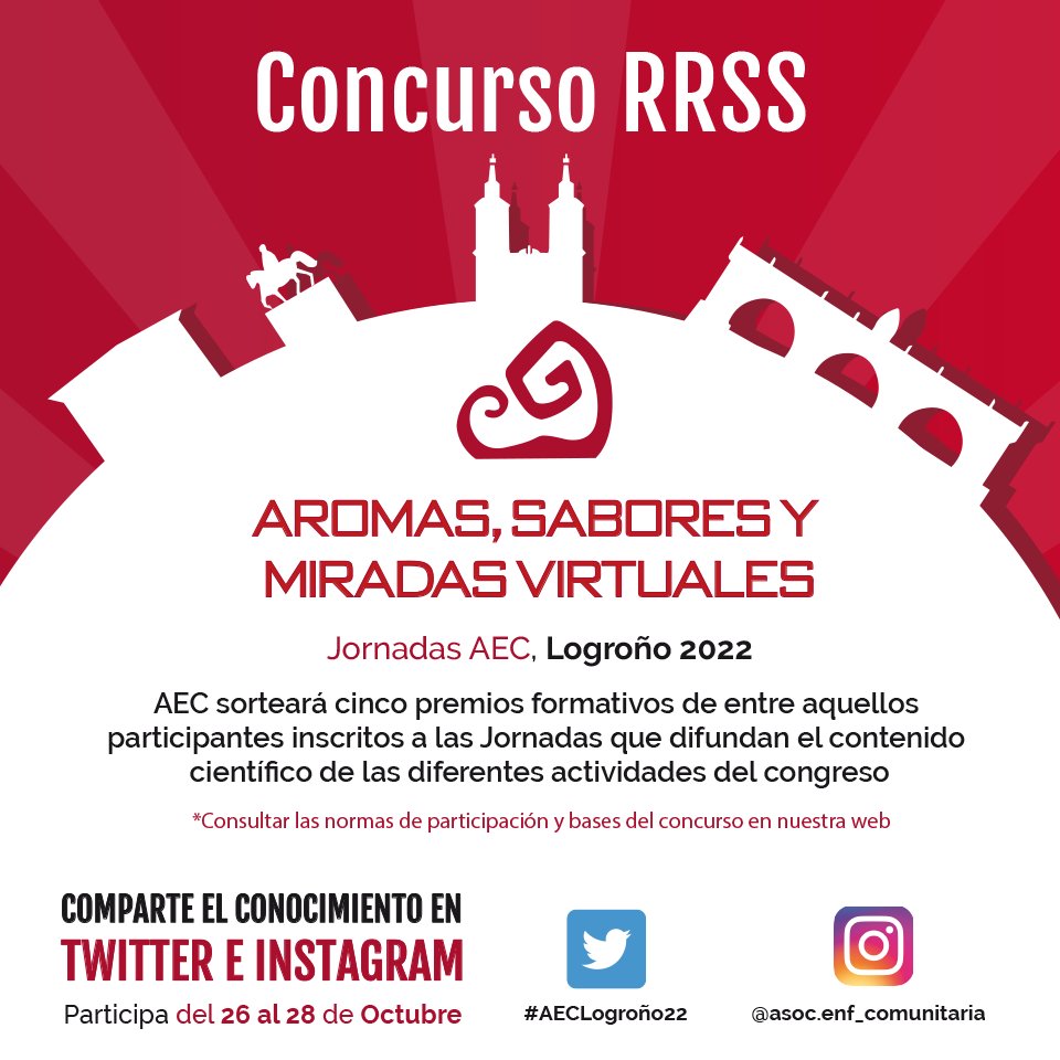 📣 Participa en el CONCURSO en RED durante las Jornadas #AECLogroño22. Se otorgarán increíbles premios🎁 ¡¡Anímate y no lo dejes pasar!!

+ INFO: enfermeriacomunitaria.org/web/