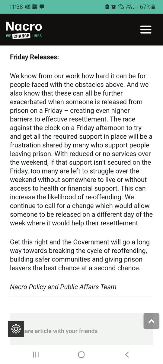 This would be a minor, but very sensible, change in the law to stop prisoners being released on a Friday. It's one of several changes @Nacro have been advocating for some time. nacro.org.uk/news/nacro-new…