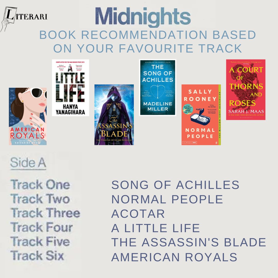 literarimag's tweet photo. Do you want some books to read at #Midnights? Here's a book recommendation for each of you based on your favourite track!

Which did you get?

#MidnightsTaylorSwift #MidnightsTS #book #booktwt #BookTwitter https://t.co/6bXpty8XAI