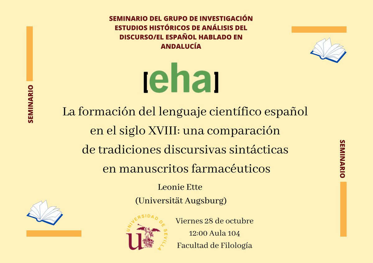 EHAunisevilla's tweet photo. Nuestro segundo seminario del curso ya tiene fecha. Nos vemos el viernes 28 de octubre a las 12h en el aula 104 de @FFilologiaUS 📚📅 https://t.co/BIln4EBznf