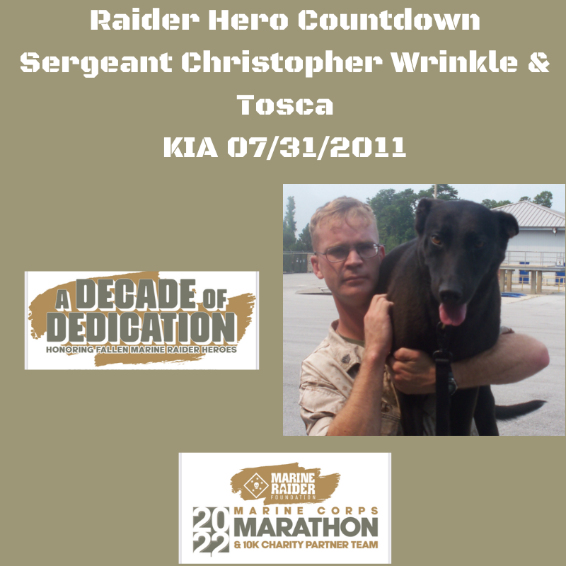 RaiderFoundatio's tweet photo. Our Marine Corps Marathon Charity Partner Team will be running to honor MARSOC's 48 fallen heroes on October 30th. As we count down the final 5 days until the race, we honor &amp; remember these brave men.  
Sergeant Christopher Wrinkle and K9 Tosca https://t.co/SrYd6B7oaU