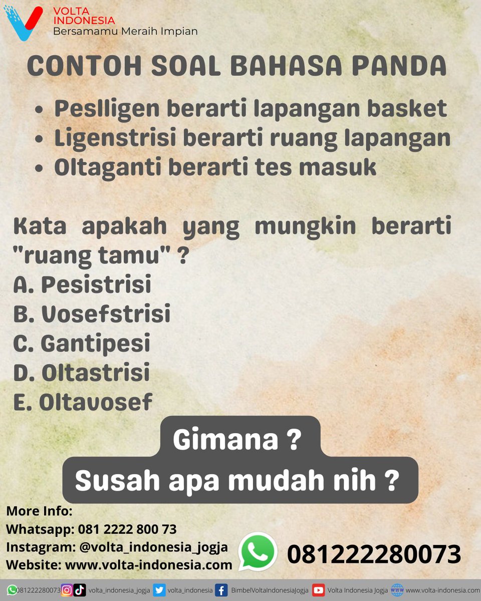 volta_indonesia's tweet photo. Ada yang tau ngga nih bahasa panda itu apa ??? Sudah belajar bahasa panda belum nih ???
Yuk belajar bahasa panda di BIMBEL VOLTA INDONESIA 🥰
#voltaindonesia
#bersamamumeraihimpian
#3SMA #Gapyear #Bahasapanda #snbt2023 #utbksnbt2023 #bimbelmurahjogja https://t.co/KbkIM0x2Af