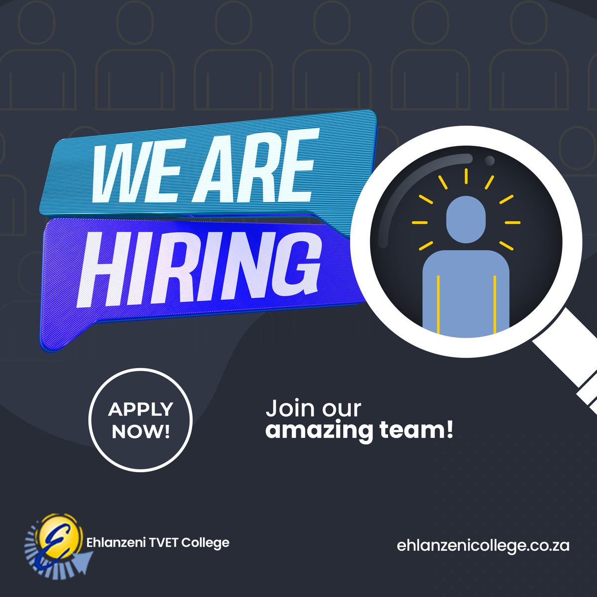 We have open vacancies for you! Click the links below  to view them. Apply now!
bit.ly/3VZxa3Z 
bit.ly/3gIv5ti 

#EhlanzeniCollege  #HigherEducation #ApplyNow #DareToBeDifferent #EhlanzeniTVET #Vacancies