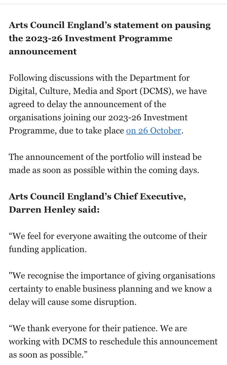 Statement from Arts Council on delay to NPO funding. Imagine there will be many anxious people as a result of this…