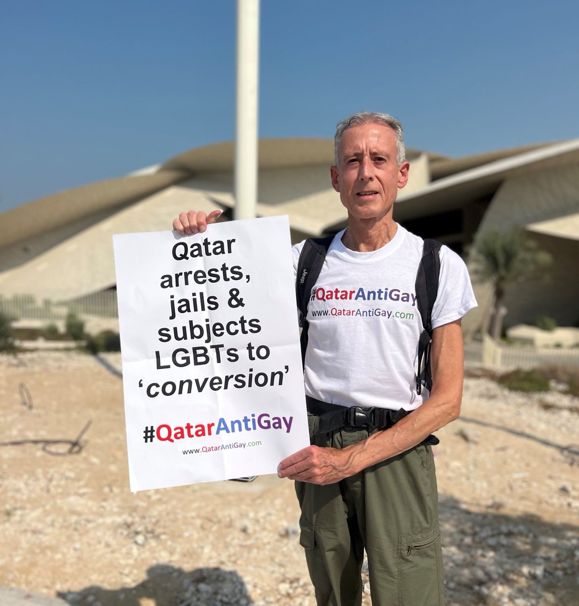 BREAKING NEWS - @PeterTatchell has been arrested in #Qatar in the first ever public #LGBT protest in a Gulf State. He was seized by the Qatari security services while demonstrating in Doha ahead of the World Cup in three weeks. His whereabouts are unknown - please pray for him!