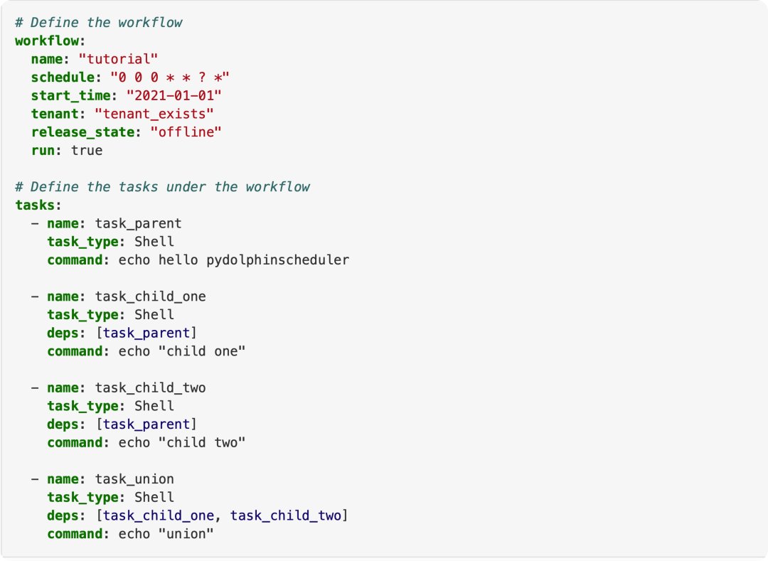 dolphinschedule's tweet photo. #Workflowascode is the process of building a DAG by code configuration or writing. It requires fewer fixed operation steps. DS has implemented the basic scheme of workflow-as-code and can define DAGs by#Python API. In the latest version, DS introduced #YAML workflow as code🤟🤟 https://t.co/KSnhpP9OmW