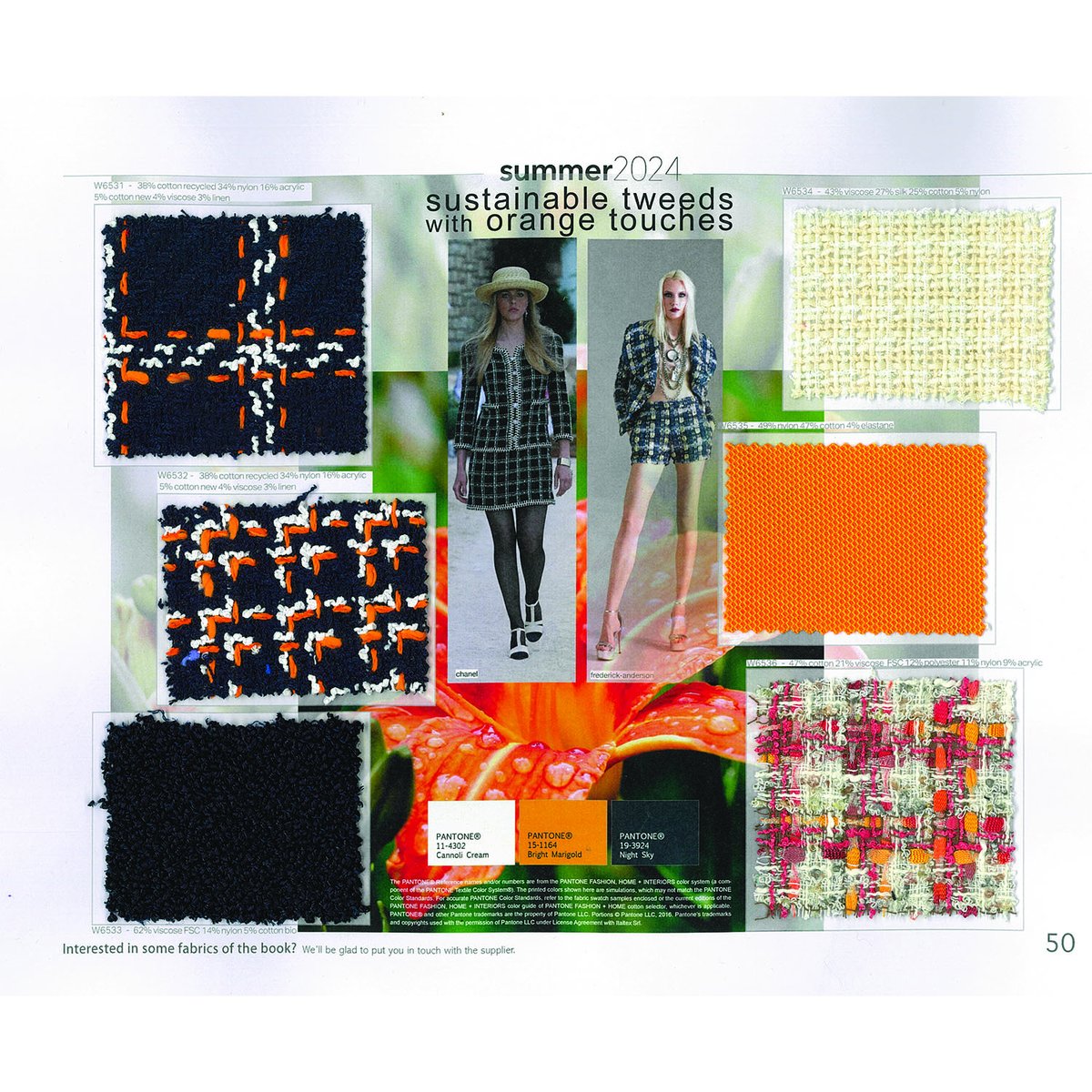 Recycled or organic #cotton, #linen, FSC #viscose for #sustainable #tweeds enlivened by a touch of #orange - from the Italtex fabric and color #fashion #trend #forecast book Womenswear Spring/Summer 2024 italtextrends.com/collections/wo…
