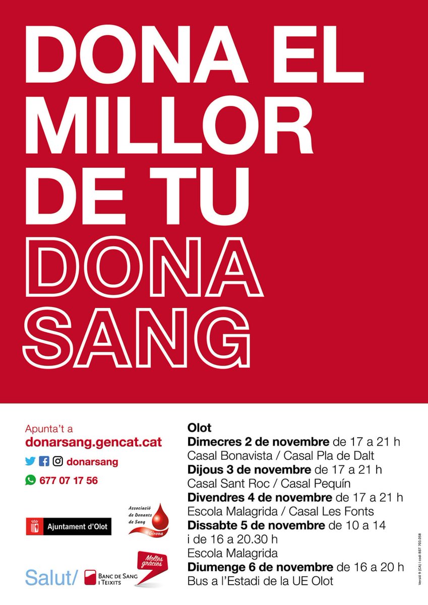 🩸 Nova campanya de donació de sang a #Olot!
📍 <a href="/donarsang/">Banc de Sang</a> fa una crida a recollir més donacions davant la caiguda de les reserves. 

🗓️ Apunteu-ho a l’agenda 👉🏼 bit.ly/DonarSangOlot2…

#AjuntamentOlot #femOlot #Garrotxa