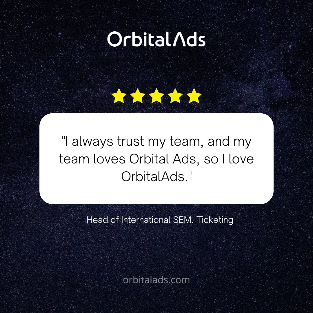 ⭐⭐⭐⭐⭐

"I always trust my team, and my team loves Orbital Ads, so I love OrbitalAds." – Head of International SEM, Ticketing

Paid Search Performance Made Easy. Book a demo today! orbitalads.com  

#sem #ppc #googleads #digitalmarketingtips #startup #onlinebusin ...