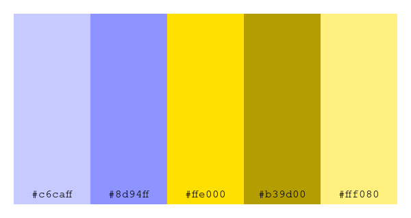 ColPaletteBot's tweet photo. Beep beep, here's a pretty color palette for you!
color-scheme.js parameters used:
- hue: 252
- variation: default
- colors: #c6caff, #8d94ff, #ffe000, #b39d00, #fff080
Have a lovely day!
#twitterbot #colorpalette #colors #palette #prettycolors https://t.co/CChNHJ5esT